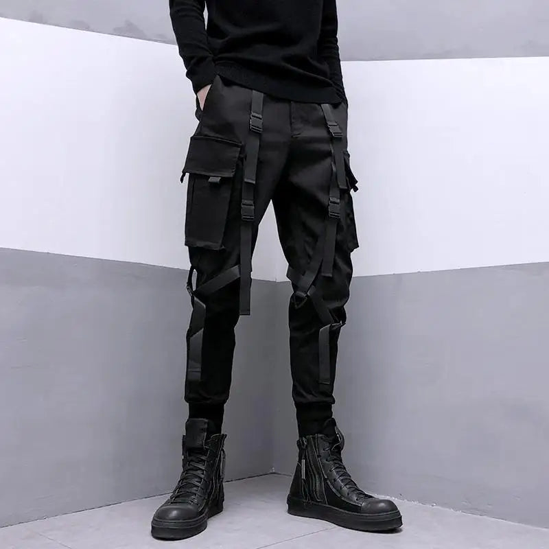 Black Cargo Pants Men Ribbon Pocket