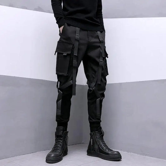 Black Cargo Pants Men Ribbon Pocket