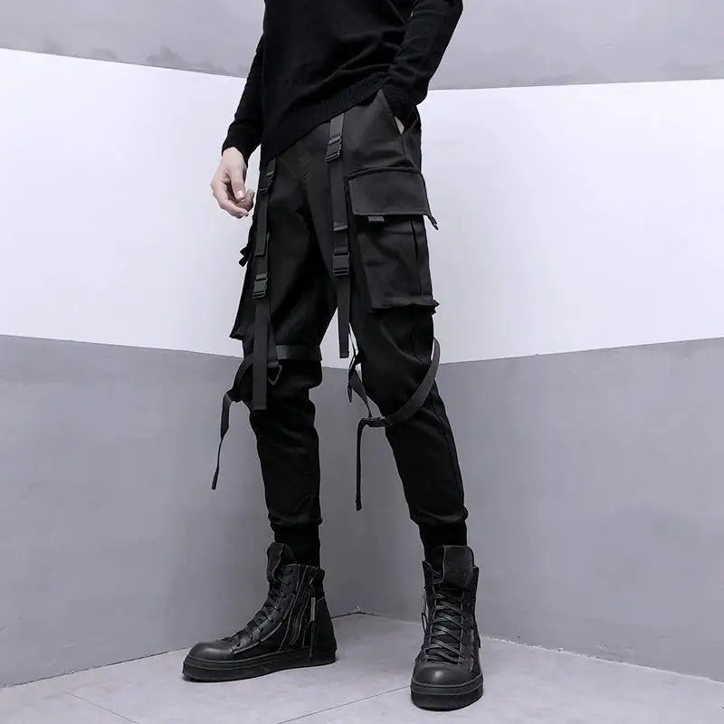 Black Cargo Pants Men Ribbon Pocket