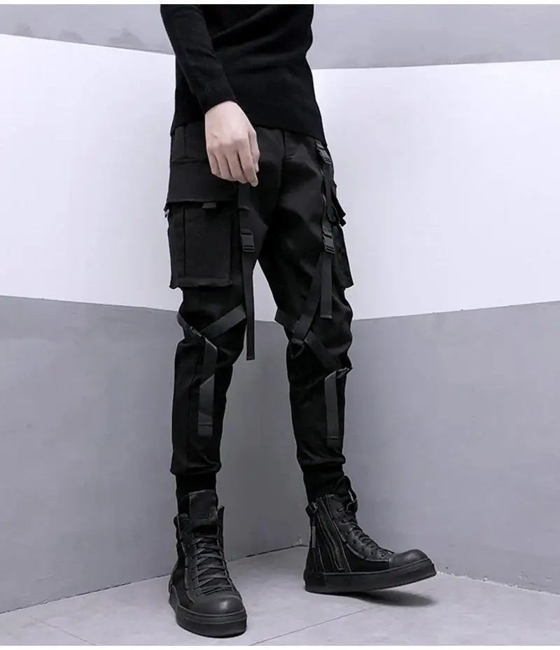 Black Cargo Pants Men Ribbon Pocket